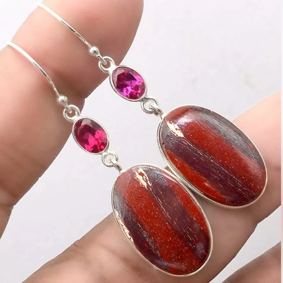 Rainbow Jasper and Indian Ruby Sterling Silver earrings - Picture 1 of 3